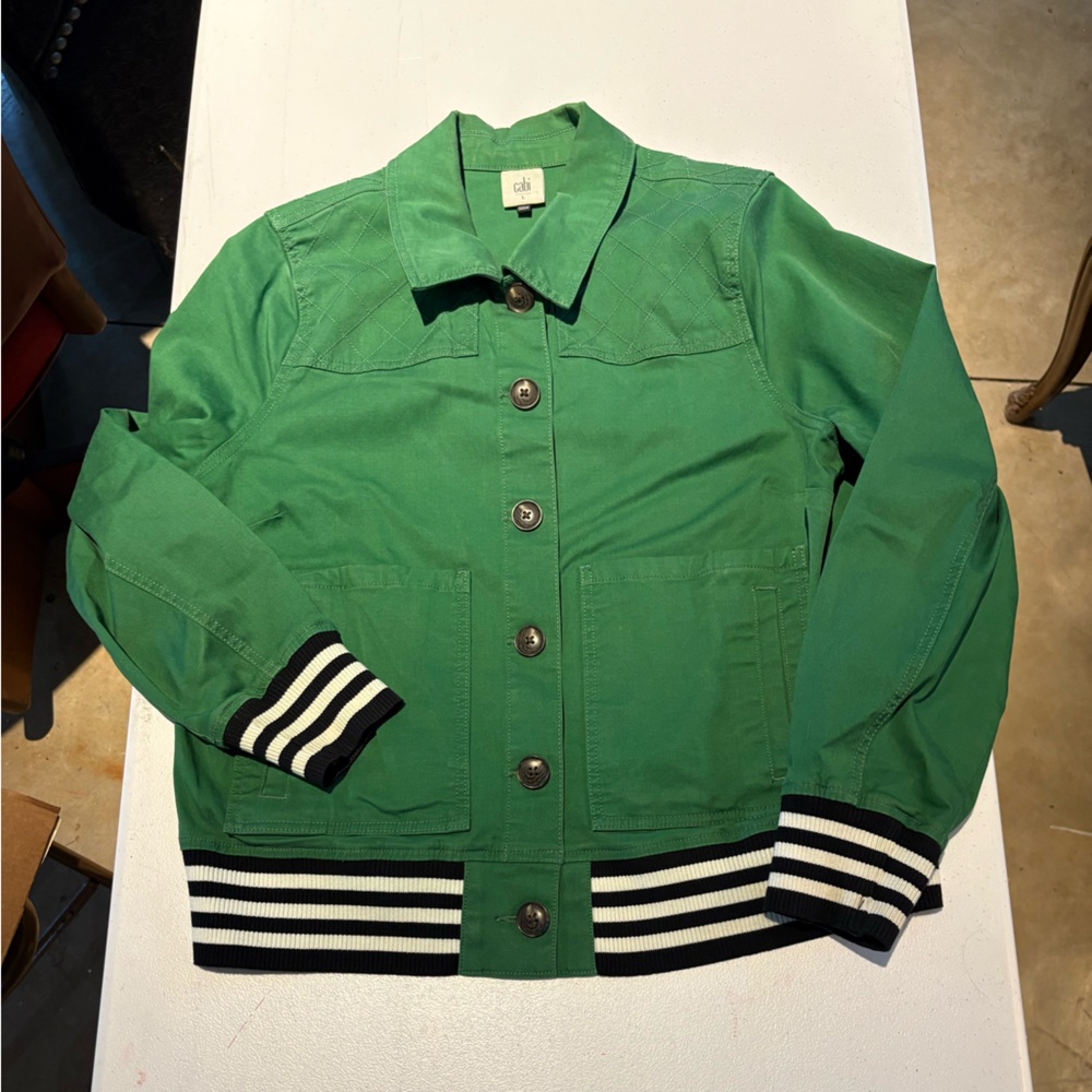 CAbi Green Bomber Jacket with Striped Hem
